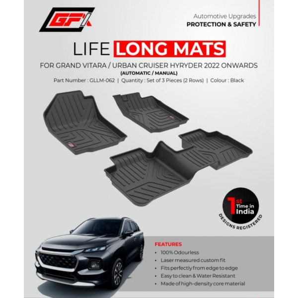 GFX Toyota Hyryder 2022 Onwards Custom Fit LLM LifeLong TPV Mats  - Set Of 3 Pcs.