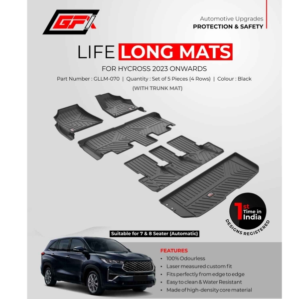 GFX Toyota Innova Hycross 2023 Onwards Custom Fit LLM LifeLong TPV Mats - Set Of 5 Pcs.