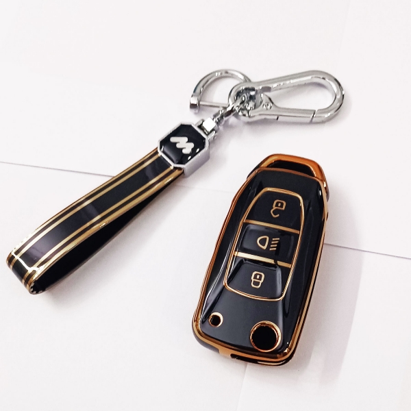 Mogato Premium Quality Soft TPU Leather Pattern Key Cover With Chain For Tata Cars - TATA01