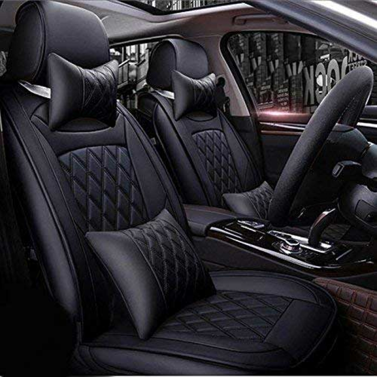 Toyota Glanza PU Leatherate Luxury Car Seat Cover With Pillow and Neck Rest All Black With