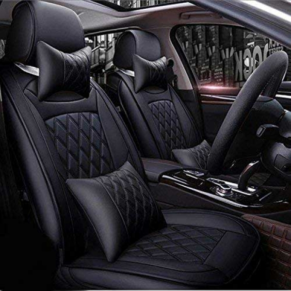 Kia Carens PU Leatherate Luxury Car Seat Cover With Pillow and Neck Rest All Black With Bucket Fitting Seat Cover