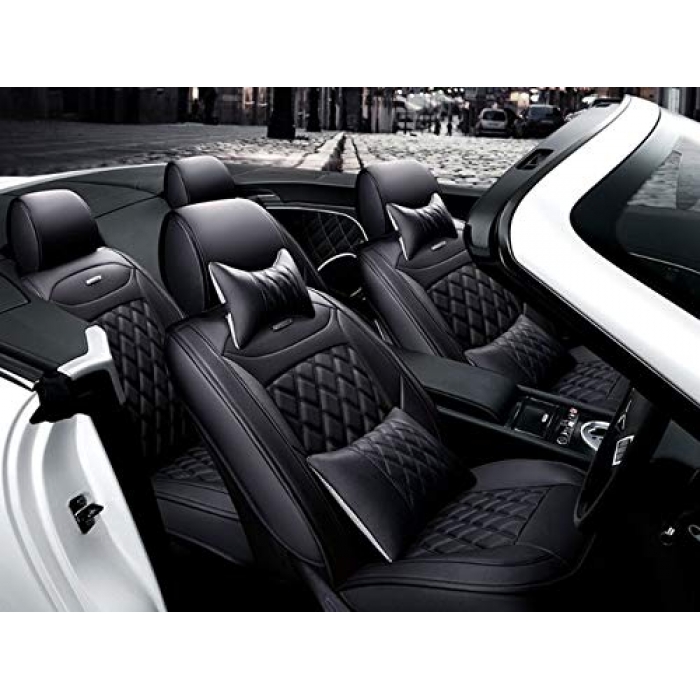 Nissan Micra PU Leatherate Luxury Car Seat Cover With Pillow and Neck Rest All Black With Bucket Fitting Seat Cover