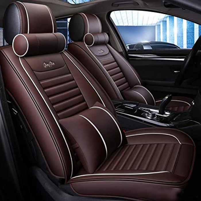 Kia Seltos PU Leatherate Luxury Car Seat Cover With Pillow and Neck Rest (Coffee & White) Kia Seltos PU Leatherate Luxury Car Seat Cover With Pillow and Neck Rest (Coffee & White)
