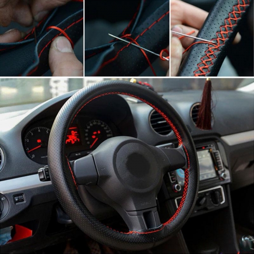 Leatheride PU Steering Wheel Cover For All Cars With Needles and Red Thread 