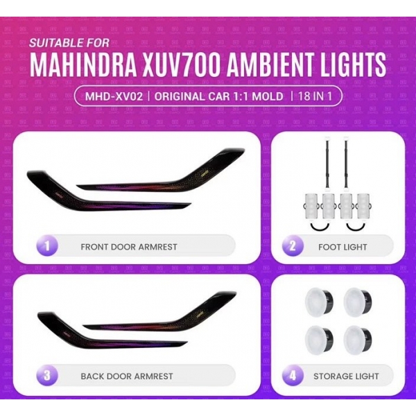 Cardi K4 Mahindra XUV700 2021 Onwards OEM Type Ambient Atmosphere Interior LED Lights - 18 Pieces