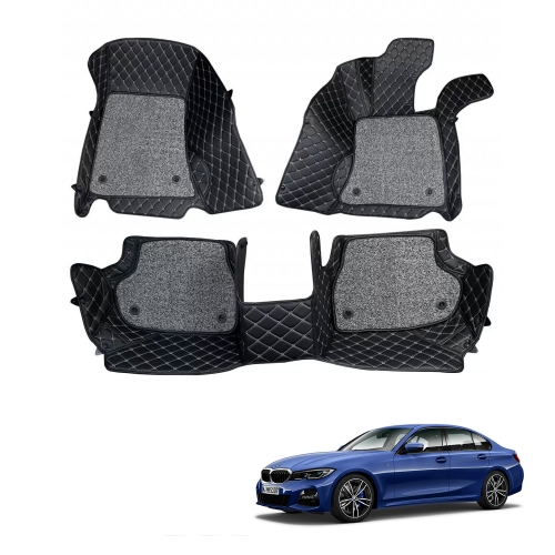 BMW 3 Series Premium Diamond Pattern 7D Car Floor Mats (Set of 3, Black & Beige)
