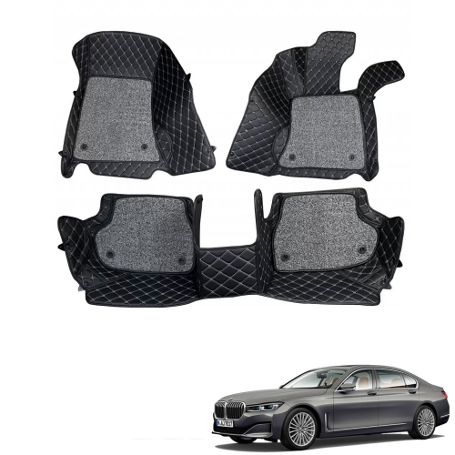 BMW 7 Series Premium Diamond Pattern 7D Car Floor Mats (Set of 3, Black and Beige)