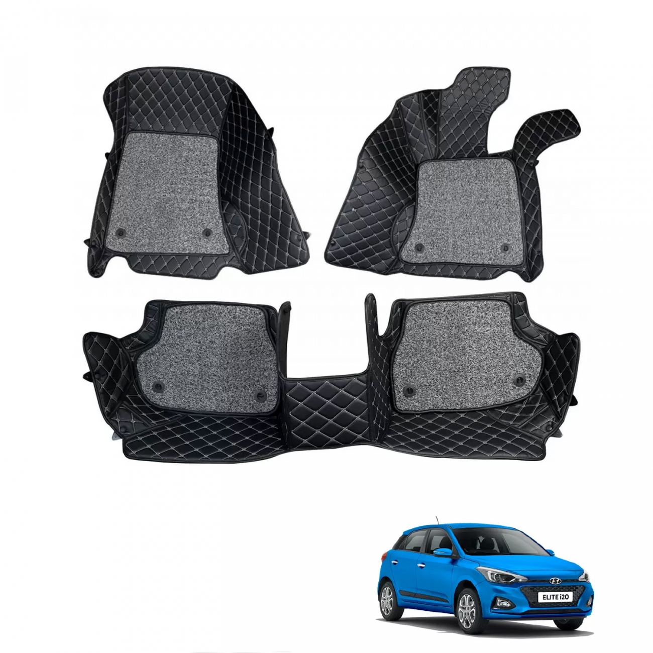 Hyundai i20 Elite Facelift 20182020 Premium Diamond Pattern 7D Car Floor Mats (Set of 3, Black