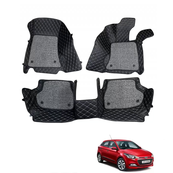 Hyundai i20 Elite 2014-2018 Premium Diamond Pattern 7D Car Floor Mats (Set of 3, Black & Beige)