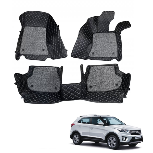 Hyundai Creta 2015-2018 Premium Diamond Pattern 7D Car Floor Mats (Set of 3, Black & Beige)