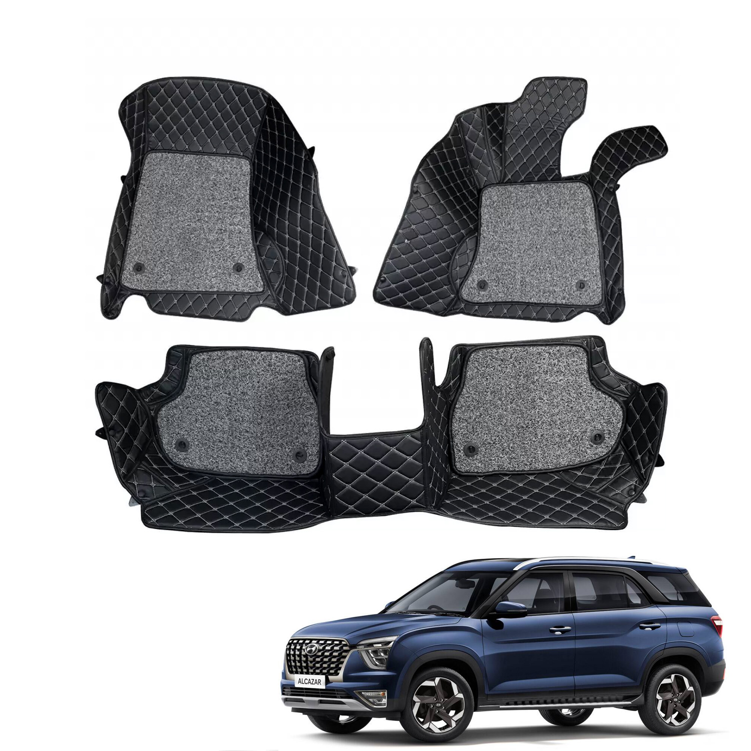 Hyundai Alcazar Premium Diamond Pattern 7D Car Floor Mats (Set of 3, Black)