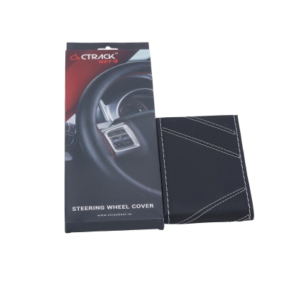 High-Quality Leather Car Steering Wheel Cover – Black with Silver Stitch