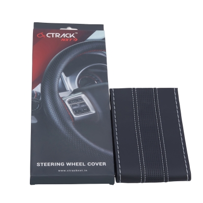 High-Quality Leather Car Steering Wheel Cover – Black with Silver Stitch