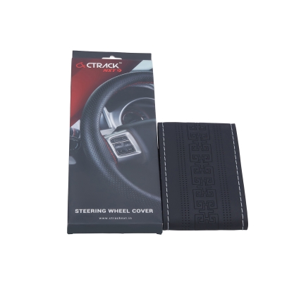 High-Quality Leather Car Steering Wheel Cover – Black with Silver Stitch
