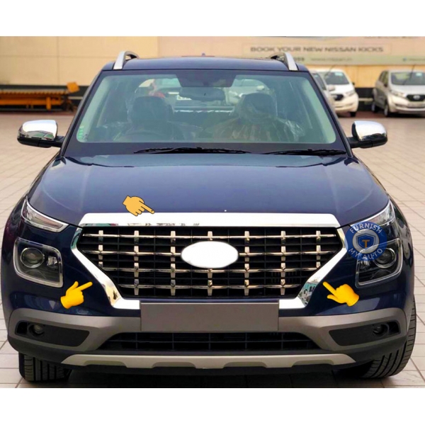 Hyundai Venue Front Grill Bonnet and Side Grill Chrome Garnish Trim in ABS Material (Set of 3 Pcs)