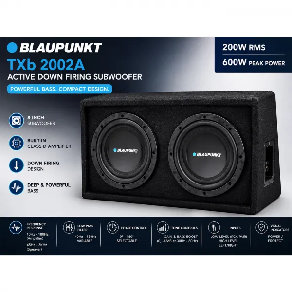 Blaupunkt TXb 2002A 8-Inch Active Down Firing Car Subwoofer with Built-in Class D Amplifier | 200W RMS | 1000W Max Power