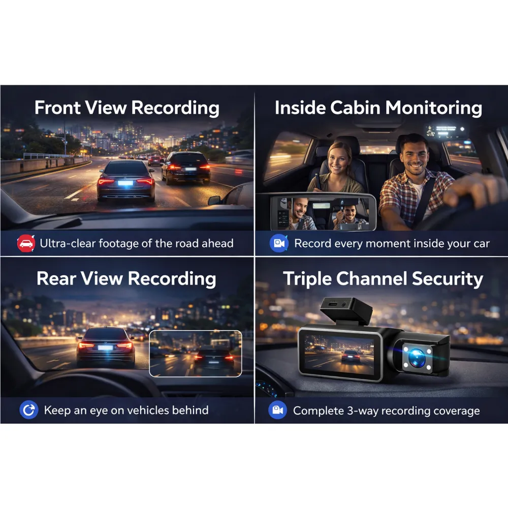Carhatke Triple Channel 1080P Dash Cam for Cars – Front, Cabin & Rear Camera with Loop Recording