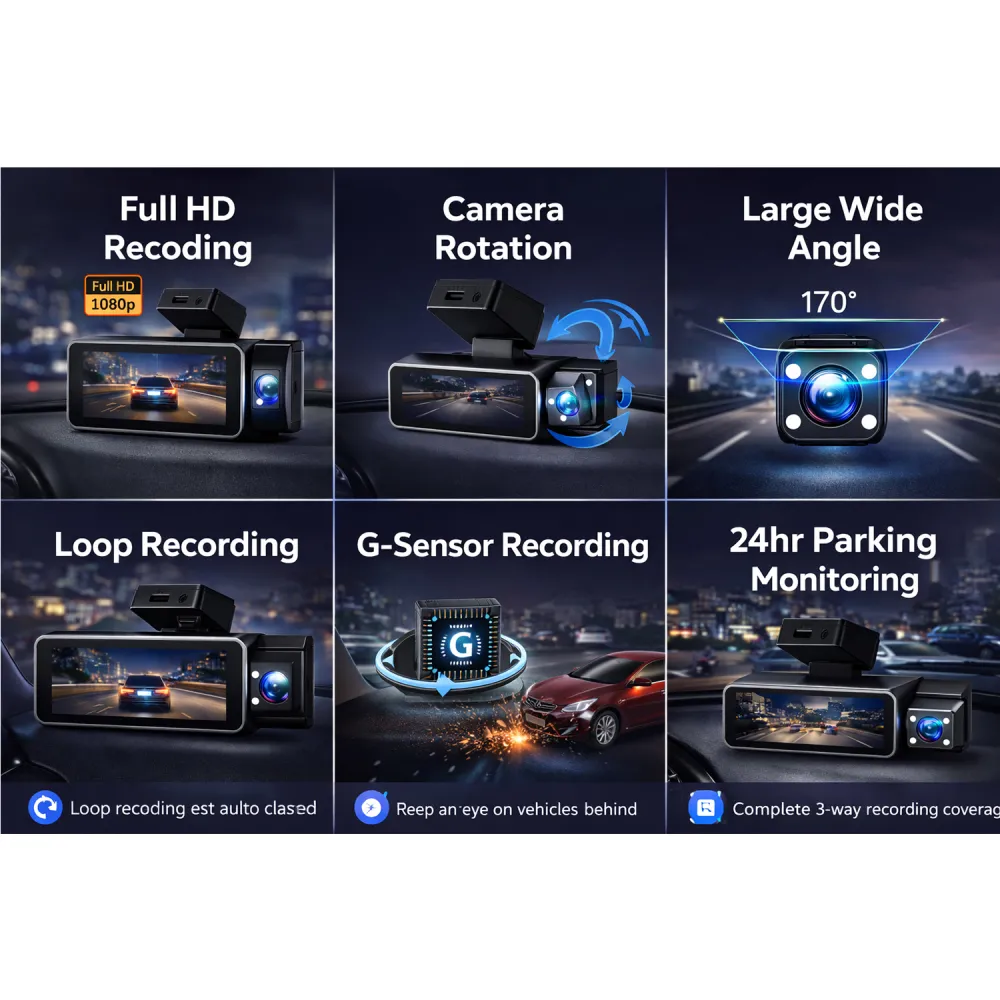Carhatke Triple Channel 1080P Dash Cam for Cars – Front, Cabin & Rear Camera with Loop Recording