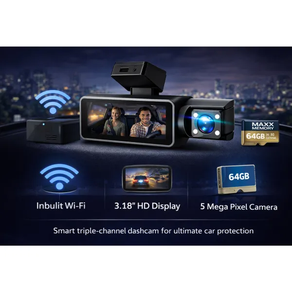 Carhatke Triple Channel 1080P Dash Cam for Cars – Front, Cabin & Rear Camera with Loop Recording