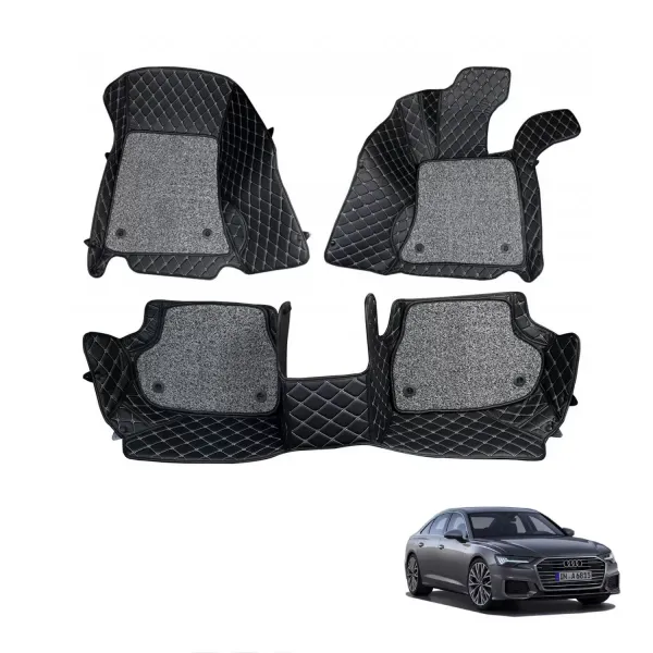 Audi A6 Premium Diamond Pattern 7D Car Floor Mats (Set of 3, Black and Beige)
