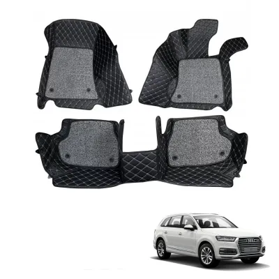 Audi Q7 Premium Diamond Pattern 7D Car Floor Mats (Set of 3, Black & Beige)