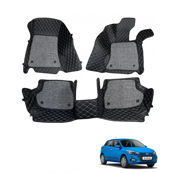 Hyundai i20 Elite Facelift 2018-2020 Premium Diamond Pattern 7D Car Floor Mats (Set of 3, Black & Beige)