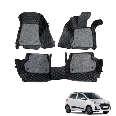 Hyundai Grand i10 Premium Diamond Pattern 7D Car Floor Mats (Set of 3, Black & Beige)