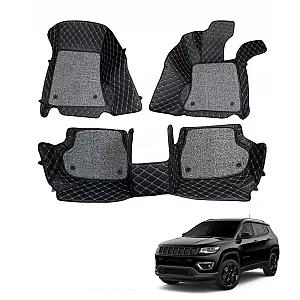 Jeep Compass Premium Diamond Pattern 7D Car Floor Mats (Set of 3, Black and Beige)