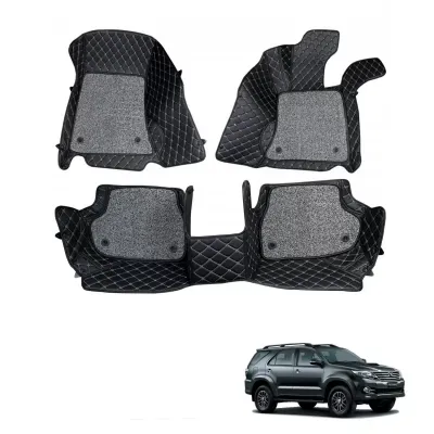 Toyota Old Fortuner Premium Diamond Pattern 7D Car Floor Mats (Set of 4, Black & Beige)