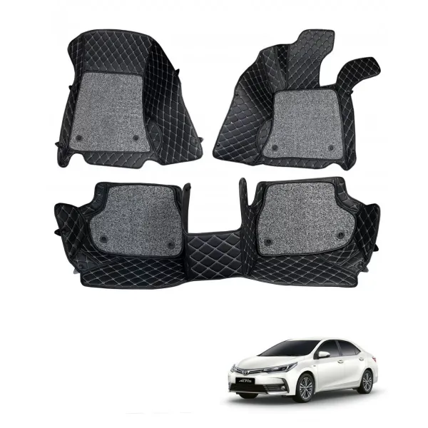 Toyota Corolla Altis Premium Diamond Pattern 7D Car Floor Mats (Set of 3, Black & Beige)