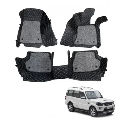 Mahindra New Scorpio 2014 Onward Premium Diamond Pattern 7D Car Floor Mats (Set of 3, Black and Beige)