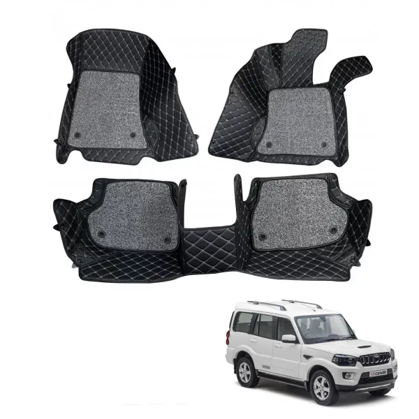 Mahindra New Scorpio 2014 Onward Premium Diamond Pattern 7D Car Floor Mats (Set of 3, Black and Beige)