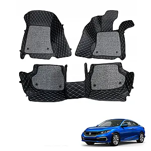 Honda New Civic 2019 Premium Diamond Pattern 7D Car Floor Mats (Set of 3, Black and Beige)