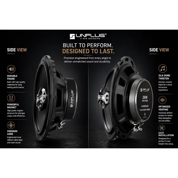 Unplug 6 Inch Car Speaker Set of 2 | 2-Way Coaxial Car Speakers with 350W Max Power, 13mm Tweeter & Mica Cone Woofer | 50W RMS, 4 Ohm, 65Hz-20kHz | Door Speaker Upgrade for Car, SUV, Van & Truck Unplug 6 Inch Car Speaker Set of 2 | 2-Way Coaxial Car Speakers with 350W Max Power, 13mm Tweeter & Mica Cone Woofer | 50W RMS, 4 Ohm, 65Hz-20kHz | Door Speaker Upgrade for Car, SUV, Van & Truck