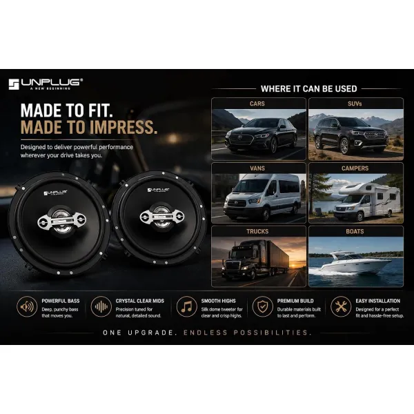Unplug 6 Inch Car Speaker Set of 2 | 2-Way Coaxial Car Speakers with 350W Max Power, 13mm Tweeter & Mica Cone Woofer | 50W RMS, 4 Ohm, 65Hz-20kHz | Door Speaker Upgrade for Car, SUV, Van & Truck Unplug 6 Inch Car Speaker Set of 2 | 2-Way Coaxial Car Speakers with 350W Max Power, 13mm Tweeter & Mica Cone Woofer | 50W RMS, 4 Ohm, 65Hz-20kHz | Door Speaker Upgrade for Car, SUV, Van & Truck