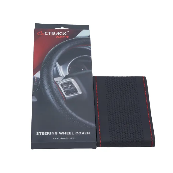 High-Quality Leather Car Steering Wheel Cover – Black with Red Stitch