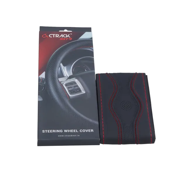 High-Quality Leather Car Steering Wheel Cover – Black with Red Stitch