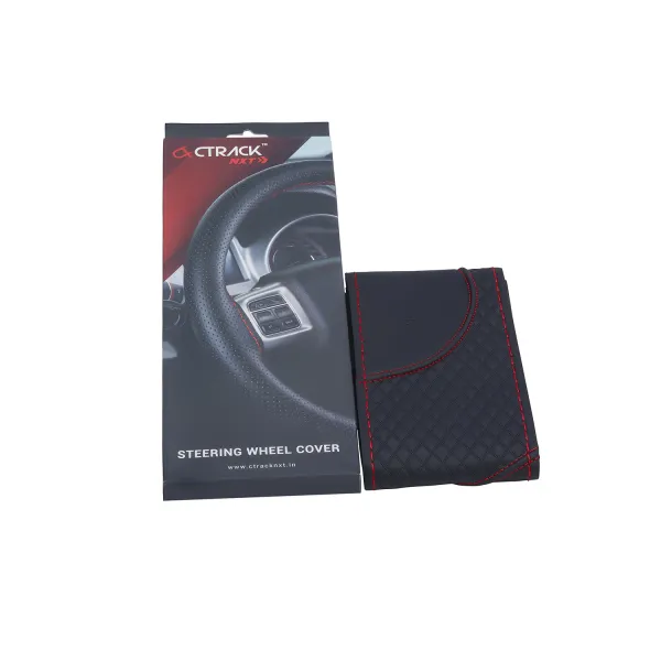 High-Quality Leather Car Steering Wheel Cover – Black with Red Stitch