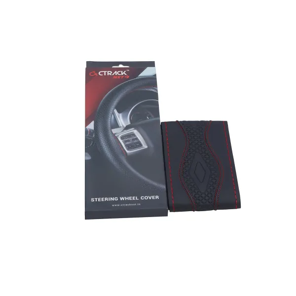 High-Quality Leather Car Steering Wheel Cover – Black with Red Stitch
