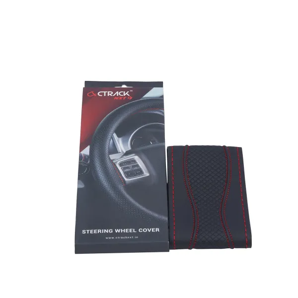 High-Quality Leather Car Steering Wheel Cover – Black with Red Stitch