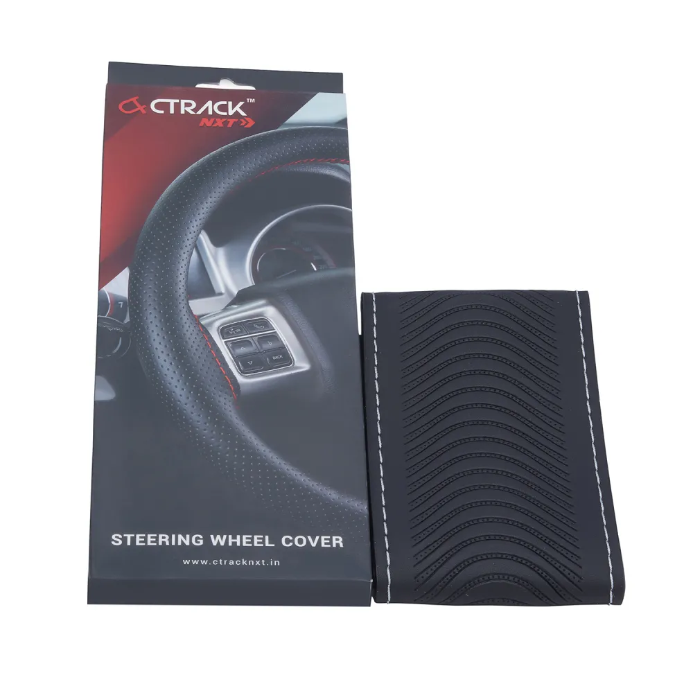 High-Quality Leather Car Steering Wheel Cover &ndash; Black with Silver Stitch
