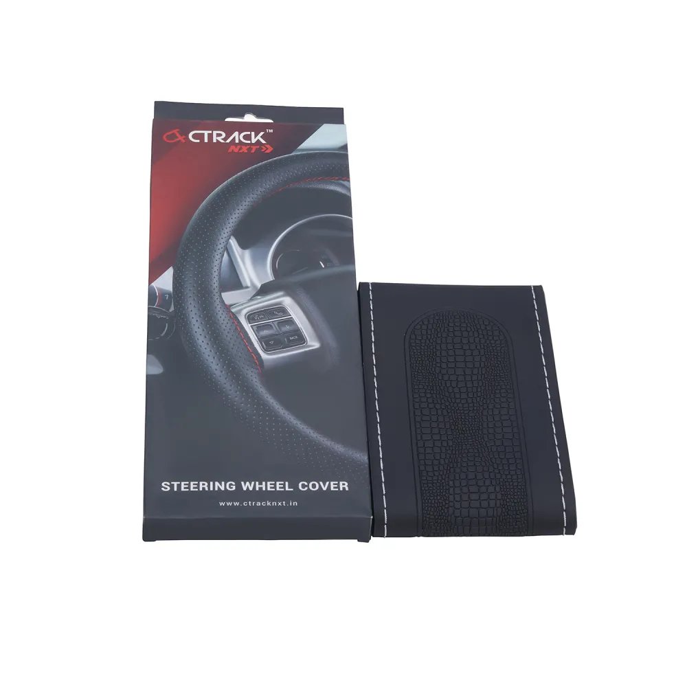 High-Quality Leather Car Steering Wheel Cover &ndash; Black with Silver Stitch