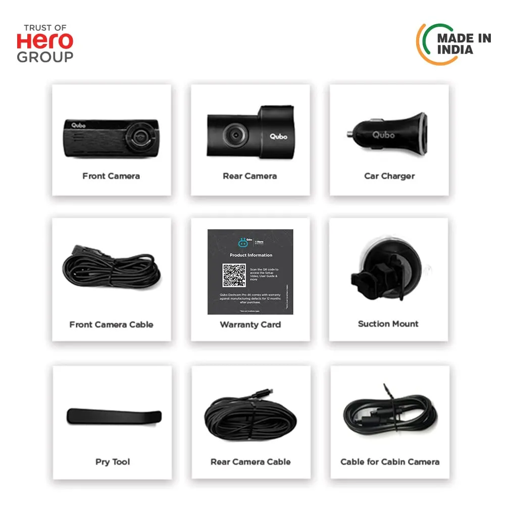 Qubo Car Dash Camera True 4K 2160P UHD Dual Channel