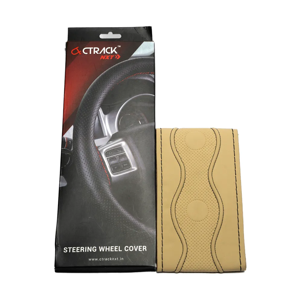 High-Quality Leather Car Steering Wheel Cover &ndash; Beige and Black Thread