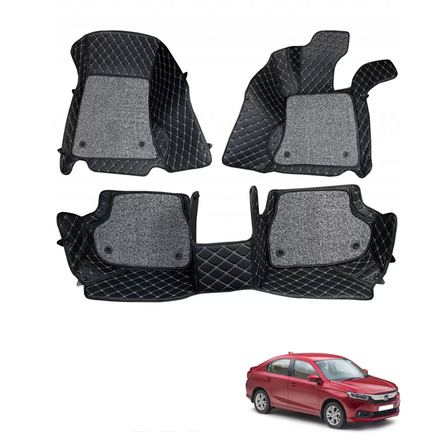 Honda Amaze 2018 Premium Diamond Pattern 7D Car Floor Mats Set of 3 Black and Beige