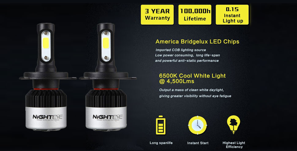 Original NightEye Automotive LED Bulb For Headlamp High Beam Low 9000LM 6500K (Cool White) - H4 (Set of 2Pcs)